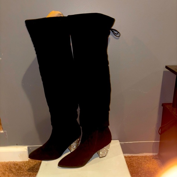 LALA IKAI Women's Black Rhinestone Knee High Boots Chunky Block Heels Size 7.5 - Picture 1 of 12